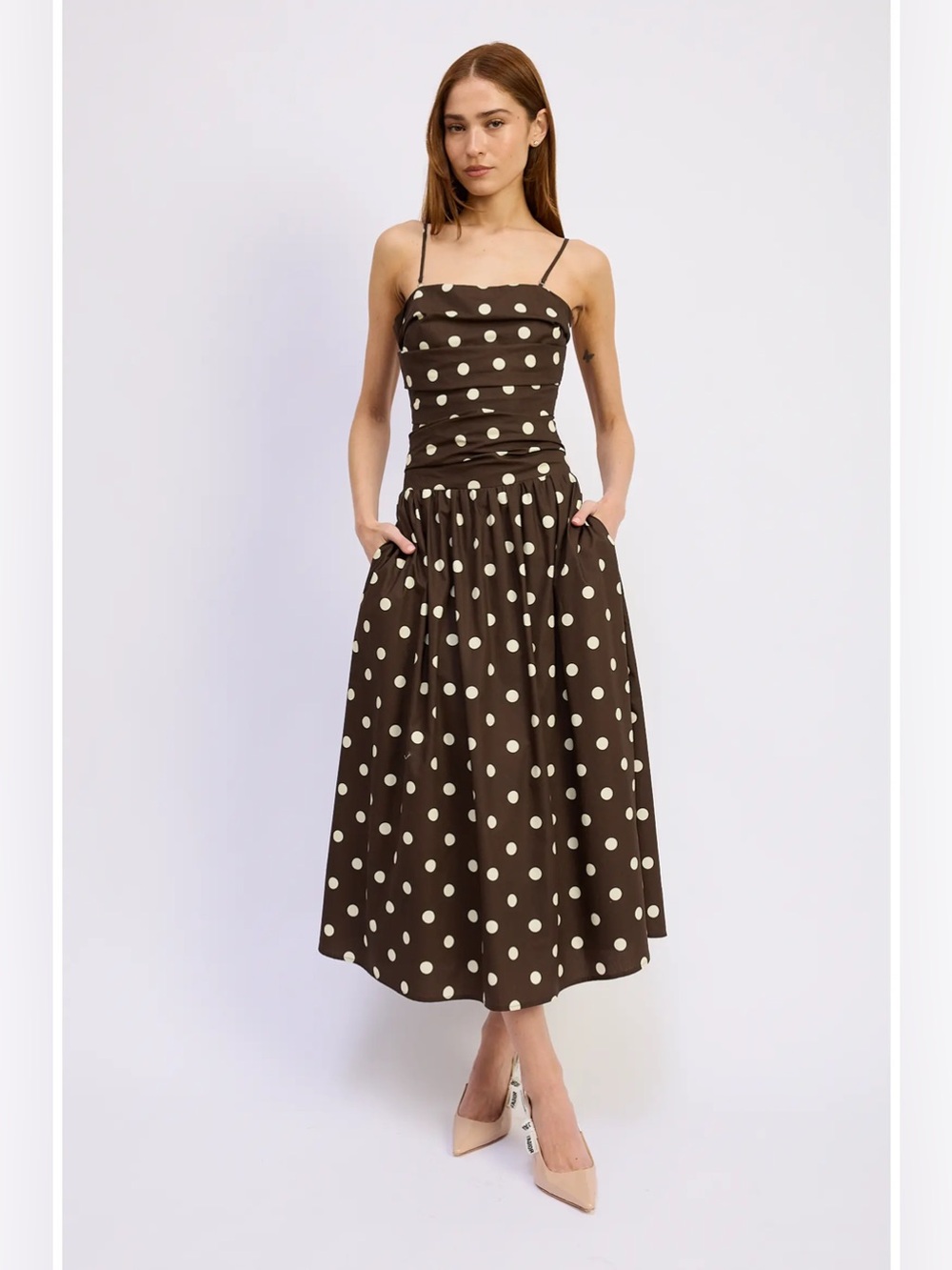 En Saison Brown Strapless Polka Dot Midi Dress with Cream Dots (Straps included) - Picture 3 of 6